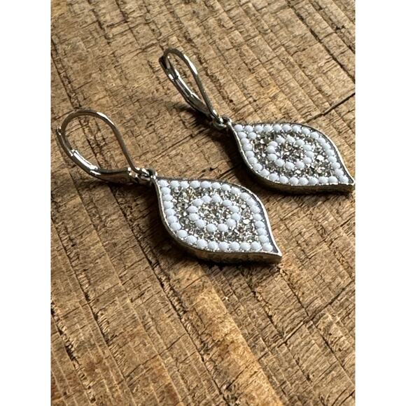 White Boho Drop Earrings Silver Tone Mosaic Beaded Design - Picture 2 of 5